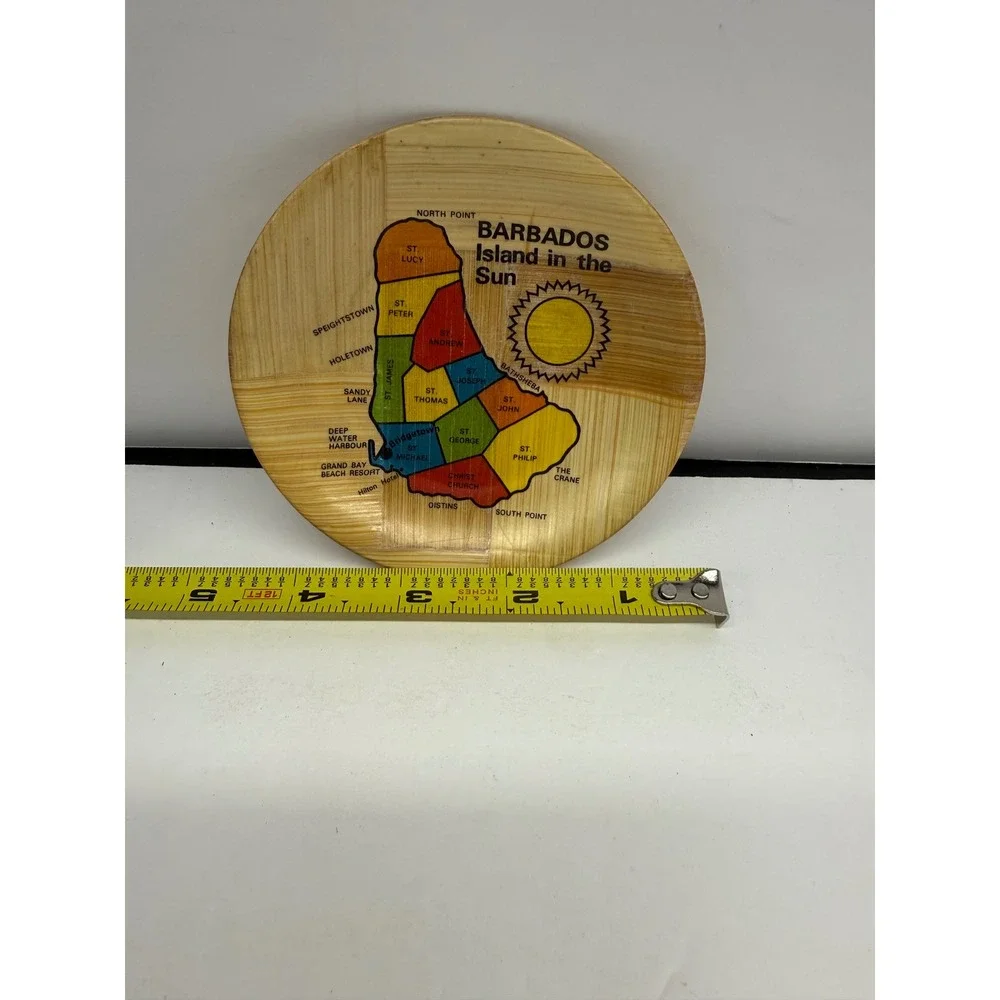 Vintage Barbados Island in the Sun Woven Bamboo Souvenir Map Plate 6 Inch